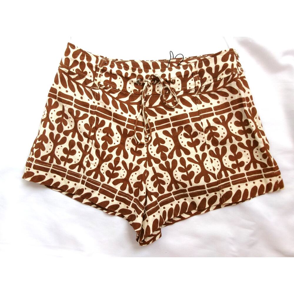 NWT Zara Linen Blend Printed Shorts Brown Cream Drawstring Size Small - Picture 2 of 5